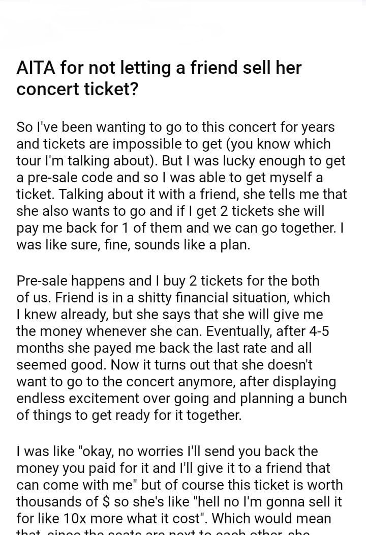 AITA for not letting a friend sell her concert ticket?