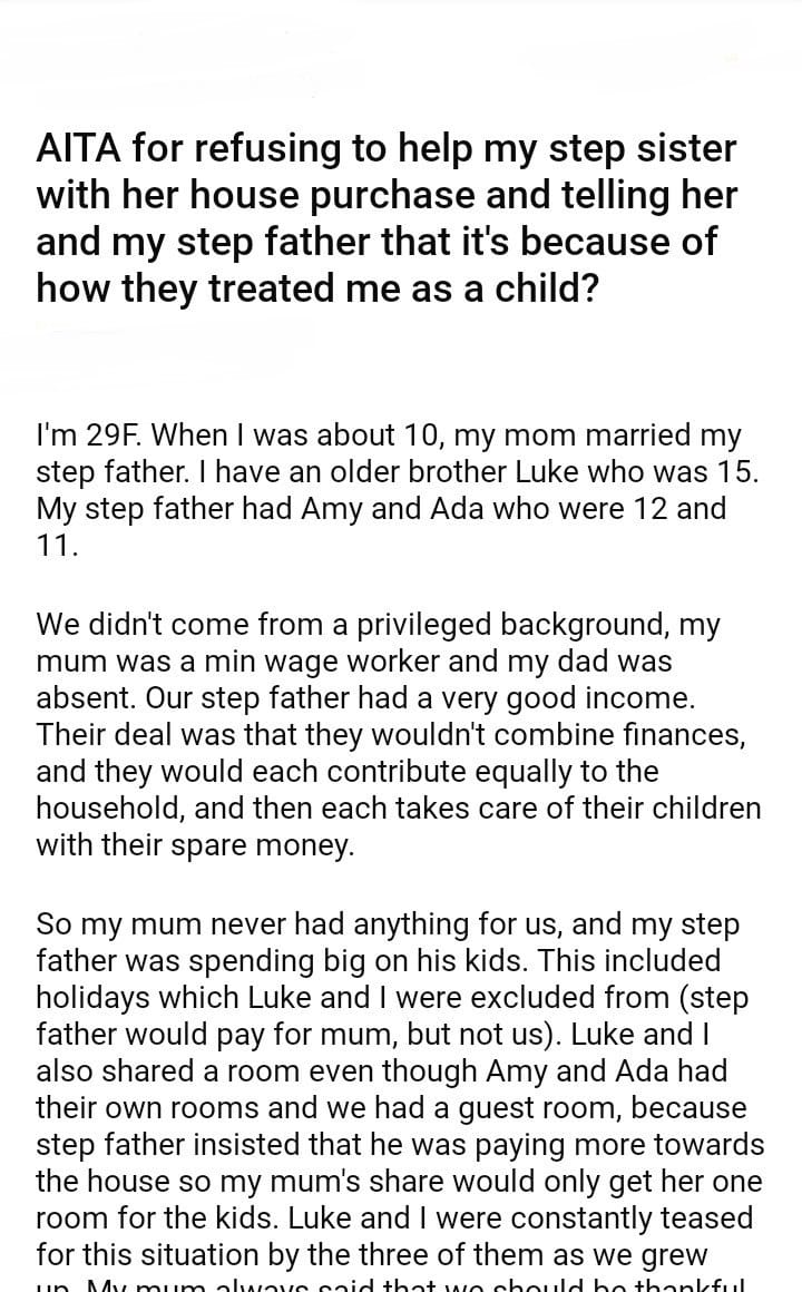 AITA for my step sister with her house purchase – DJOTD