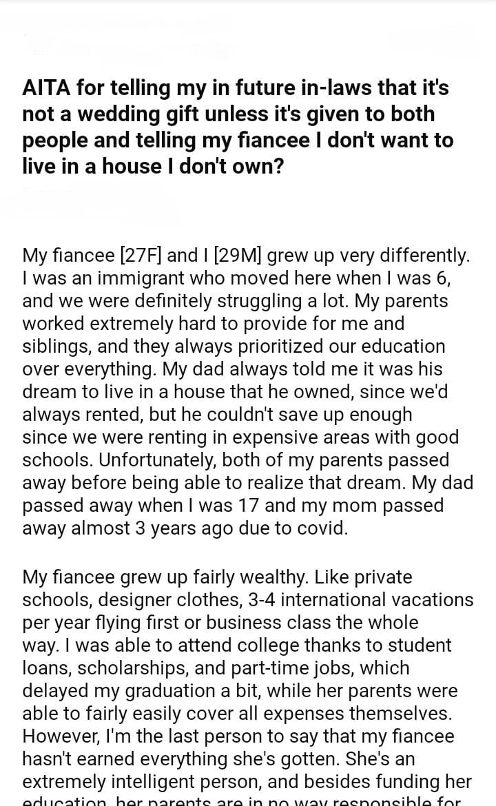 AITA for telling my in future in-laws that it’s not a wedding gift ...