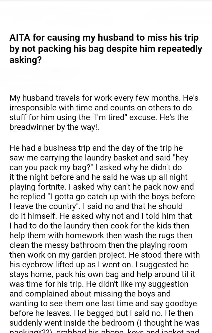 AITA for causing my husband to miss his trip – DJOTD.com