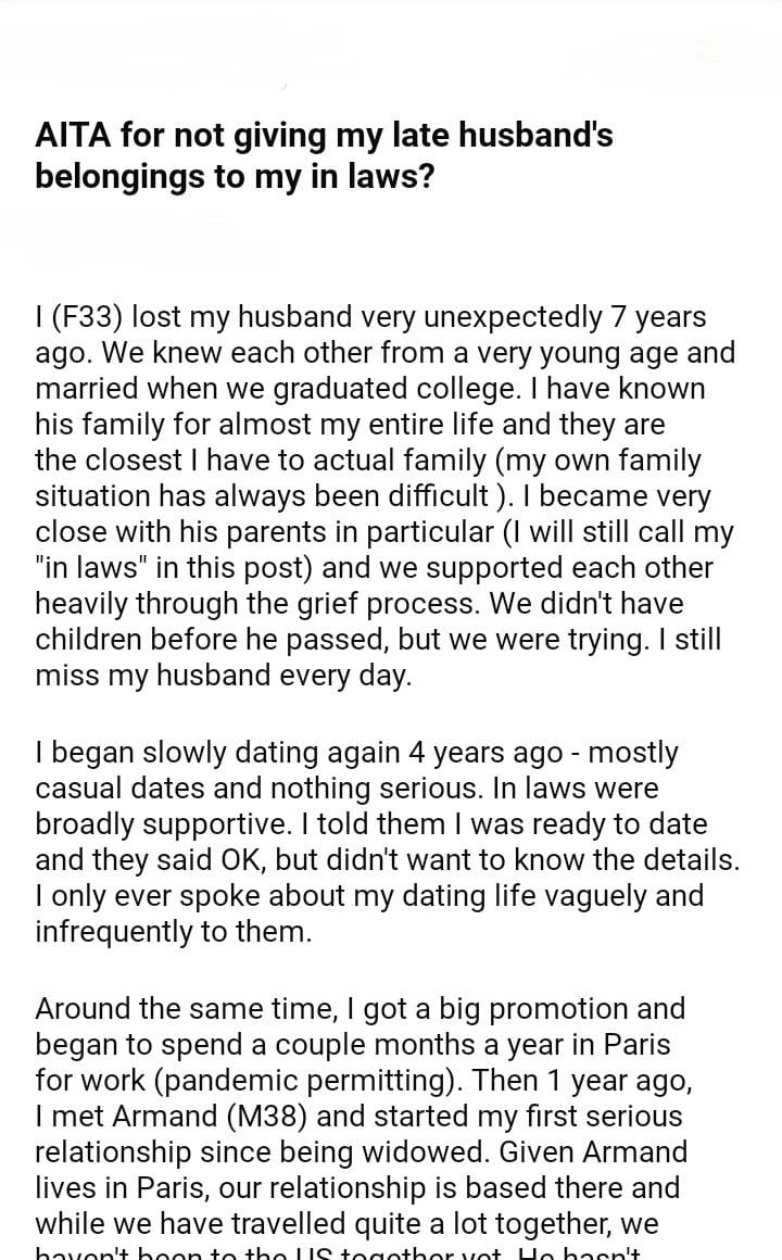 AITA for not giving my husband’s belongings to my in laws? – DJOTD.com