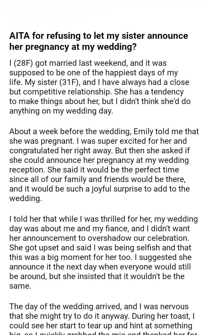 AITA for refusing to let my sister announce her pregnancy at my wedding ...